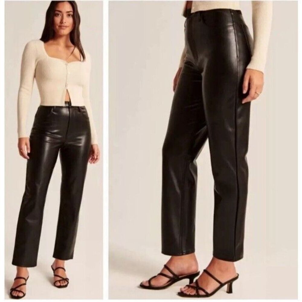 Abercrombie & Fitch Ankle Straight Ultra High Rise Pants 32 Black Vegan Leather